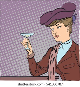 Retro woman with a glass of wine. Concept idea of advertisement and promo. Pop art retro style illustration. People in retro style. Halftone background.