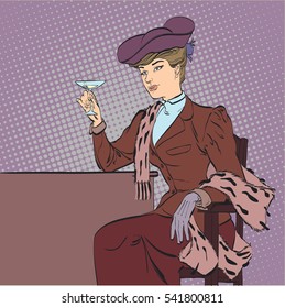 Retro woman with a glass of wine. Concept idea of advertisement and promo. Pop art retro style illustration. People in retro style. Halftone background.