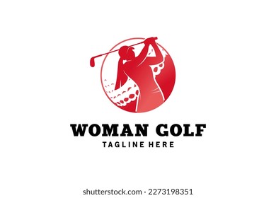 Diseño del logo deportivo de golf femenino retro, ilustración del vector de silueta de la mujer jugando al golf