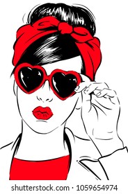 Retro Woman In Heart Sunglasses