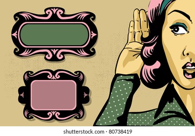 retro woman listening to gossip, comics style illustration and vintage frames