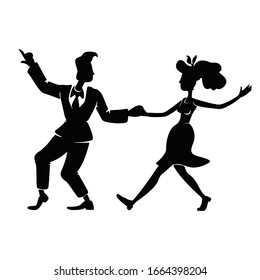 Retro woman and man dancing energy jive black silhouette vector illustration. Comic old fashioned people in rock n roll pose. 2d cartoon characters shape for commercial, animation, printing