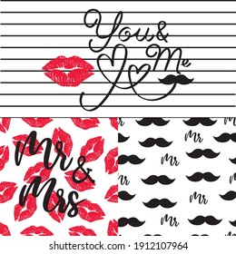 Retro woman mouth with red lipstick and gentleman mustaches seamless pattern with Mr and Mrs, You and Me text.