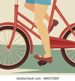 Retro woman on a bike in a skirt . Close-up. Vector illustration