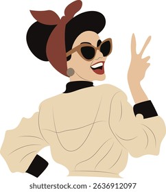 Retro Woman Peace Sign Sunglasses Happy, vintage illustration