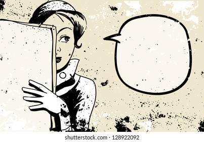  retro woman peeking, speech bubble, holding blank newspaper