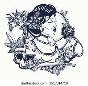 Retro Woman Portrait. Noir Film Lady. Old School Tattoo And T-shirt Design. Criminal Girl With Guns. Mafia Concept. Traditional Tattooing Style 