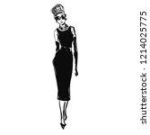 retro woman portrait sketch. graphic black and white. little black dress