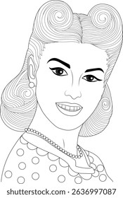 Retro Woman Portrait with Vintage Pin-Up Hairstyle Illustration, Black and white line art illustration of a woman's portrait featuring a classic vintage pin-up hairstyle from the 1940s or 1950s. The