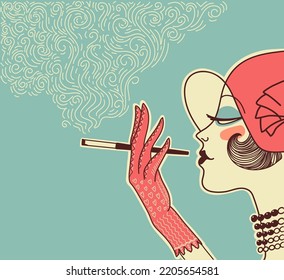 Retro Woman Poster With Cigarette And Smoke Decoration. Vector Flapper Girl With Fashion Red Hat Smoking Cigar Hand Drawn Illustration On Poster Background.