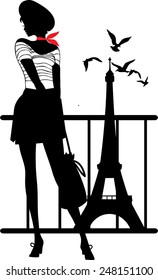 Retro woman red and black silhouette with Eiffel Tower