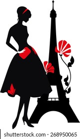 Retro woman red and black silhouette with Eiffel Tower