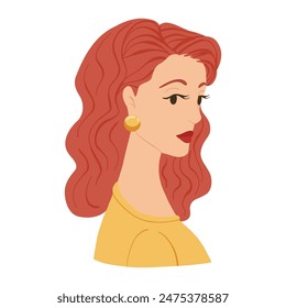 Mujer retro con el pelo rojo en estilo colorido plano. Ilustración de dibujos animados con corte de pelo de los años 50. Ilustración vectorial dibujada a mano Diseño para salón de belleza, productos cosméticos, impresión, Web. 