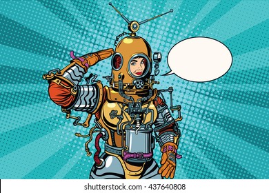 Retro Woman Salutes Astronaut Or Deep Sea Diver