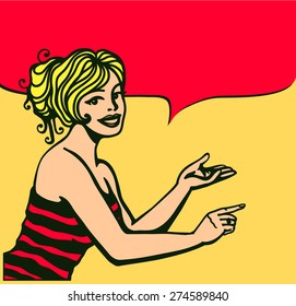 Retro woman showing, explaining, announcing, displaying, talking with speech bubble advertising design element