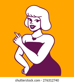 Retro woman showing, explaining, announcing, displaying, talking, advertising design element