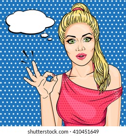 Retro Woman Showing OK Hand Sign With Thought Balloon In Pop Art Comic Sketch Style. Young Blonde Girl Showing OK Gesture.