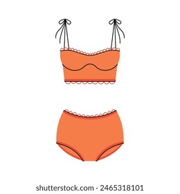 Retro woman swimwear. Stylish vintage female beachwear with lace decor, fashionable summer outfit, doodle swimming suit with top on straps and grannys panties. Vector flat illustration.