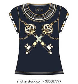 Retro woman  t-shirt print design of heraldic key and chain gold blue color. Fashion necklace jewelry  vintage pattern grunge, steampunk, marine style  - stock vector. 