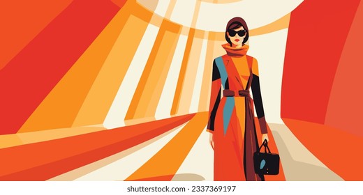 Una mujer retro en una ilustración de moda vintage. Diseño de moda vintage con una hembra en un abrigo posando sobre un fondo atrevido, retro y colorido que sostiene un bolso.