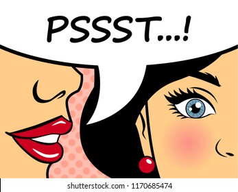 Retro woman whispering gossip to the friend. Pop art style female character telling secret with speech bubble. Flat vector illustration