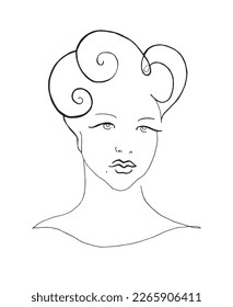Retro woman's portrait. Elegant minimalist portrait. Female face contour. Hand drawn vector female. Line art. Woman drawn with one line. Pen drawn woman from 50's. Freehand sketch of a beautiful woman