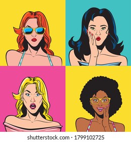 retro women cartoons inside frames design, Pop art vintage and fashion theme Vector illustration