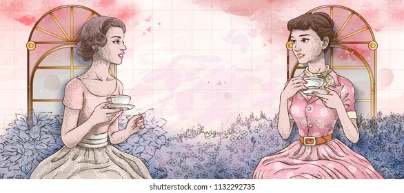 Retro women having afternoon tea together in the garden, hand drawn style watercolor background in pink and purple