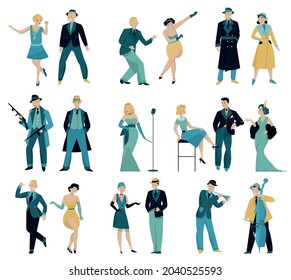 Retro women and men in 20s 30s and 40s set with isolated human characters of dandies vector illustration