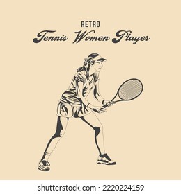 Retro Women Tennis Player Vector Stock Illustration