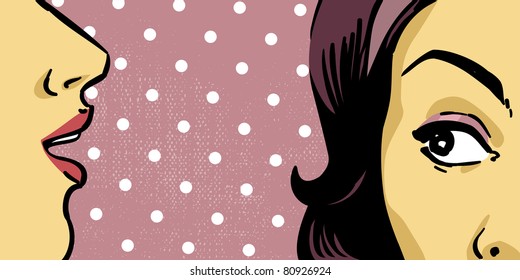 retro women vector drawing illustration, mouth and eye close up, retro background