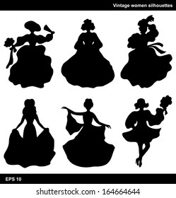 Retro women vector silhouettes. Vintage dancing romantic women