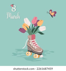Retro Women's day greeting card. Vintage Roller skates with colorful bouquet of tulips inside, lettering. Hand drawn templates for March 8, birthday, Mother's day. Vector flat cartoon illustration