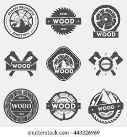 Retro wood logo, signs and badges set, vector illustration. Sawmill labels, stamps and design elements collection.