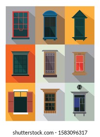 Retro wood or wooden window frames view isolated on house wall.