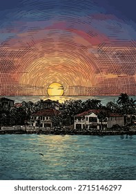 Paisaje retro xilografiado de una dramática puesta de sol con líneas radiantes en el cielo y la reflexión del océano. Vista al atardecer grabada al estilo Antiguas con casas junto al mar y agua tranquila.