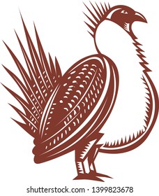 Retro woodcut style illustration of an adult male greater sage-grouse, sage grouse bird or sagehen, the largest grouse in North America viewed from side on isolated background.