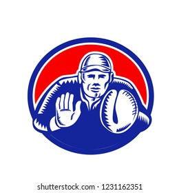 Retro woodcut style illustration of a baseball catcher, pitcher or player about to catch ball set inside oval on isolated background.