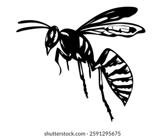 Retro woodcut style illustration of a Boils potter wasp or mason wasp flying viewed from side on isolated background done in black and white.