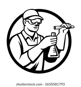 Ilustração em estilo de xilogravura retrô de um químico, cientista, pesquisador, derramando o produto químico do tubo de ensaio em frasco visto de frente colocado dentro de um círculo em fundo isolado feito em preto e branco.