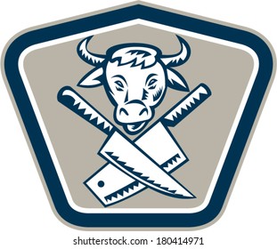 Retro woodcut style illustration of a crossed butcher meat cleaver knife with cow head facing front set inside shield on isolated background.