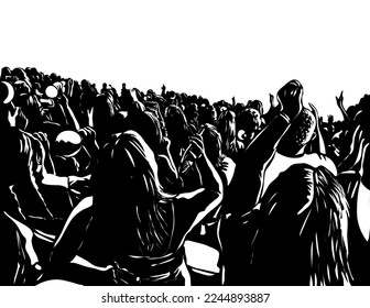 Retro woodcut style illustration of a crowd of people in an event watching a concert holding mobile phones viewed from rear on isolated background done in black and white.