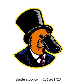 Retro woodcut style illustration of a duck-billed platypus  on isolated background in color.