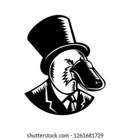 Retro woodcut style illustration of a duck-billed platypus  isolated background in black and white.