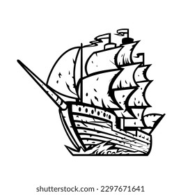 Retro woodcut style illustration the El Caleuche, The Enchanted Ship, Barcoiche, The Ghost Ship, or The Warlocks' Ship from the Chilean mythology in southern Chile on isolated background.