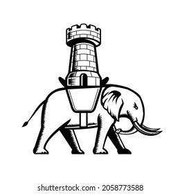 Retro woodcut style illustration of an elephant wearing a saddle with a castle or single tower on top viewed from side on isolated background done in black and white.