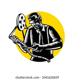 Retro woodcut style illustration of a film editor, filmmaker, movie director or moviemaker cutting and editing a film reel set inside circle on isolated background.