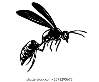 Retro woodcut style illustration of the great black wasp or Sphex pensylvanicus, a species of digger wasp flying viewed from side on isolated background done in black and white.