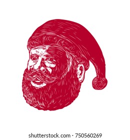 Retro woodcut style illustration of head of Santa Claus , Saint Nicholas, St. Nick or Kris Kringle three-quarter view on isolated background.