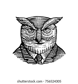 Retro woodcut style illustration of a hipster great horned wise owl wearing suit and tie viewed from front on isolated background in black and white.